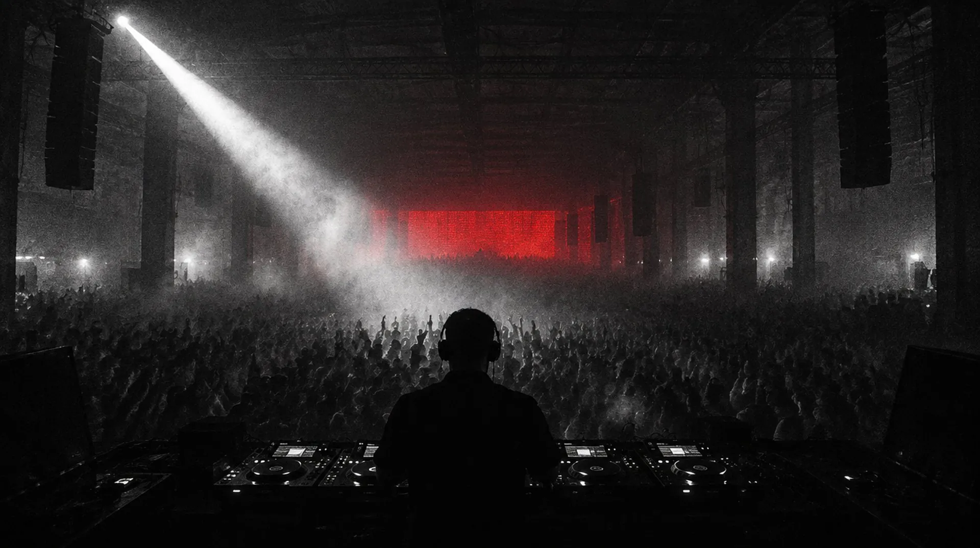 A silhouetted DJ behind the booth at a warehouse rave, a strobe cutting through the haze over a crowd of raised hands